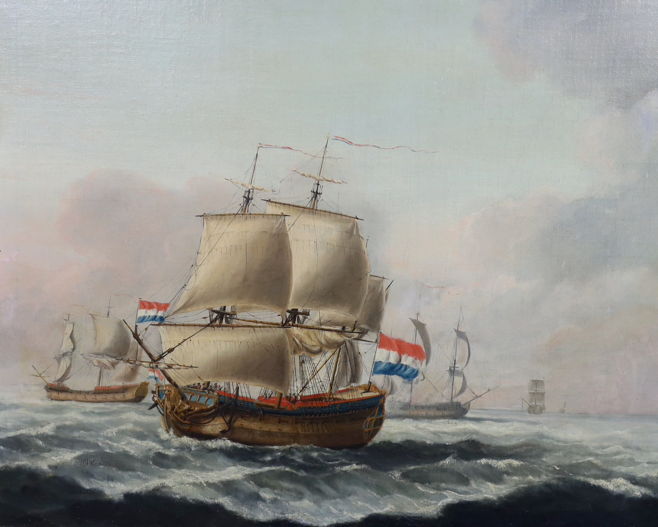 Manner of Hendrick Cornelisz Vroom (Dutch, 1566-1640), Warships at sea, oil on canvas, 56 x 69cm